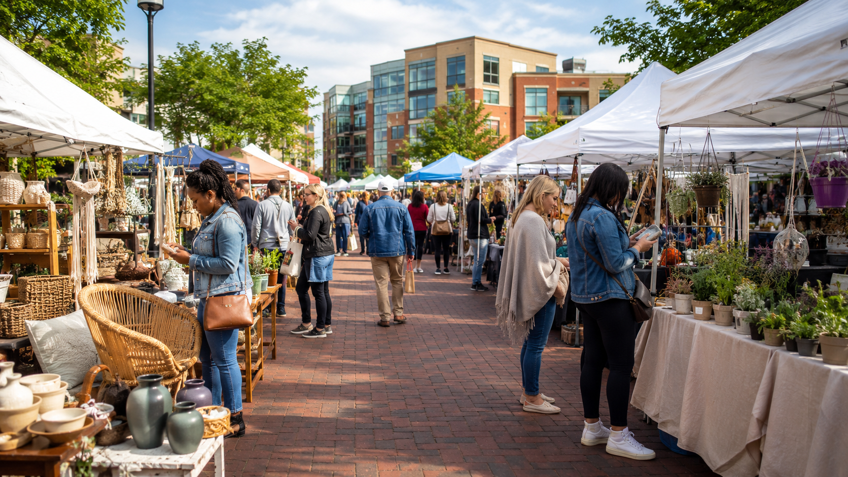Bustling outdoor market in the DMV with local decor, plants, and small business vendors