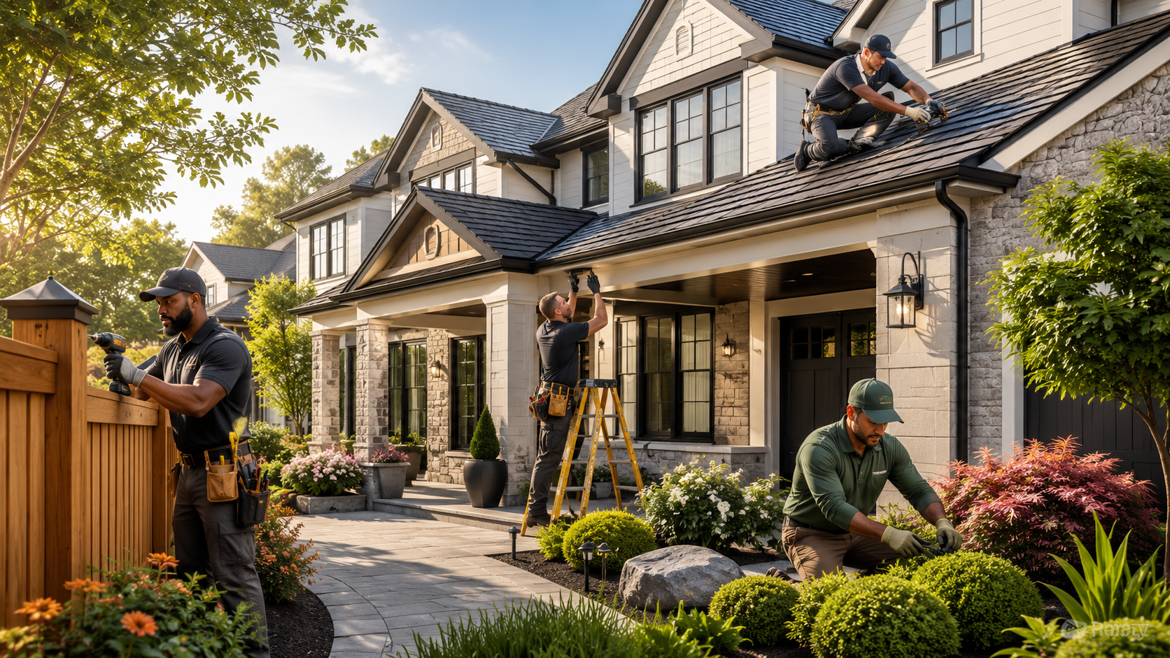 Trusted contractors discussing plans outside a beautiful DMV home