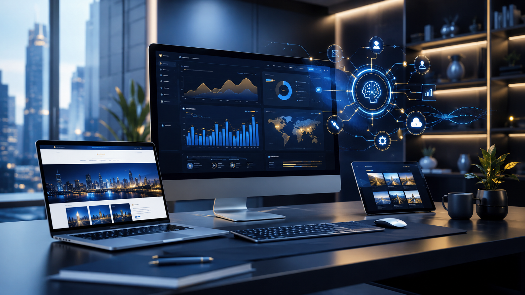 Modern digital workspace showing analytics and business visibility dashboards
