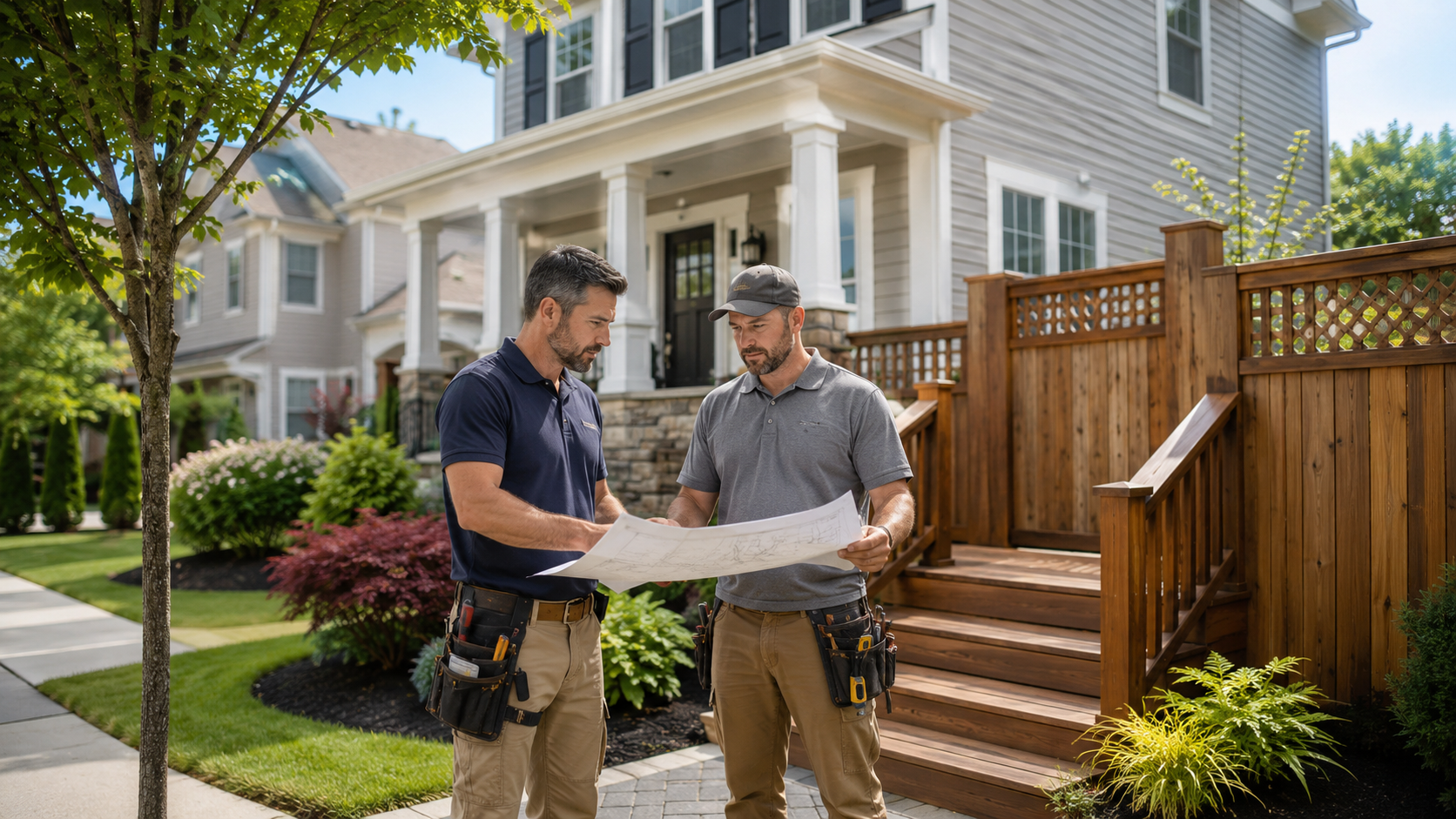 Two contractors reviewing plans for a home improvement project in a beautiful suburban neighborhood
