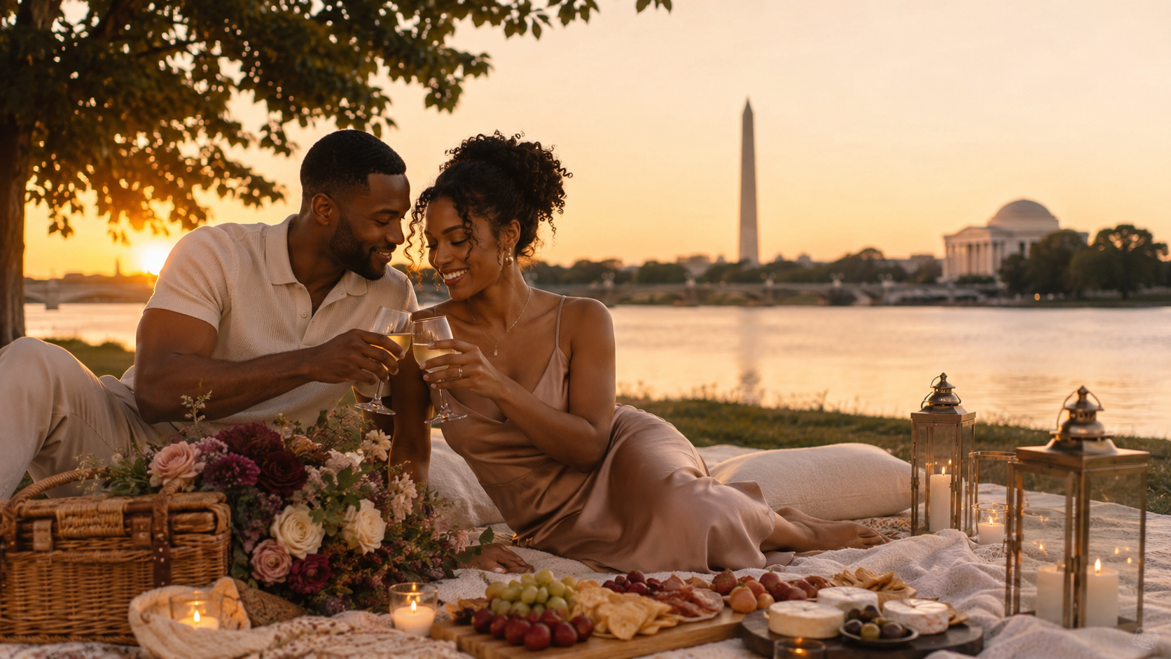 Golden-hour date night and lifestyle scene along the Washington waterfront