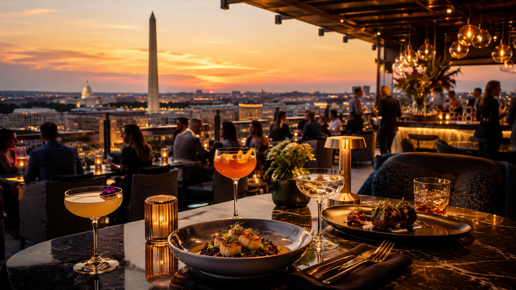 Upscale rooftop dining with sunset city views in the DMV