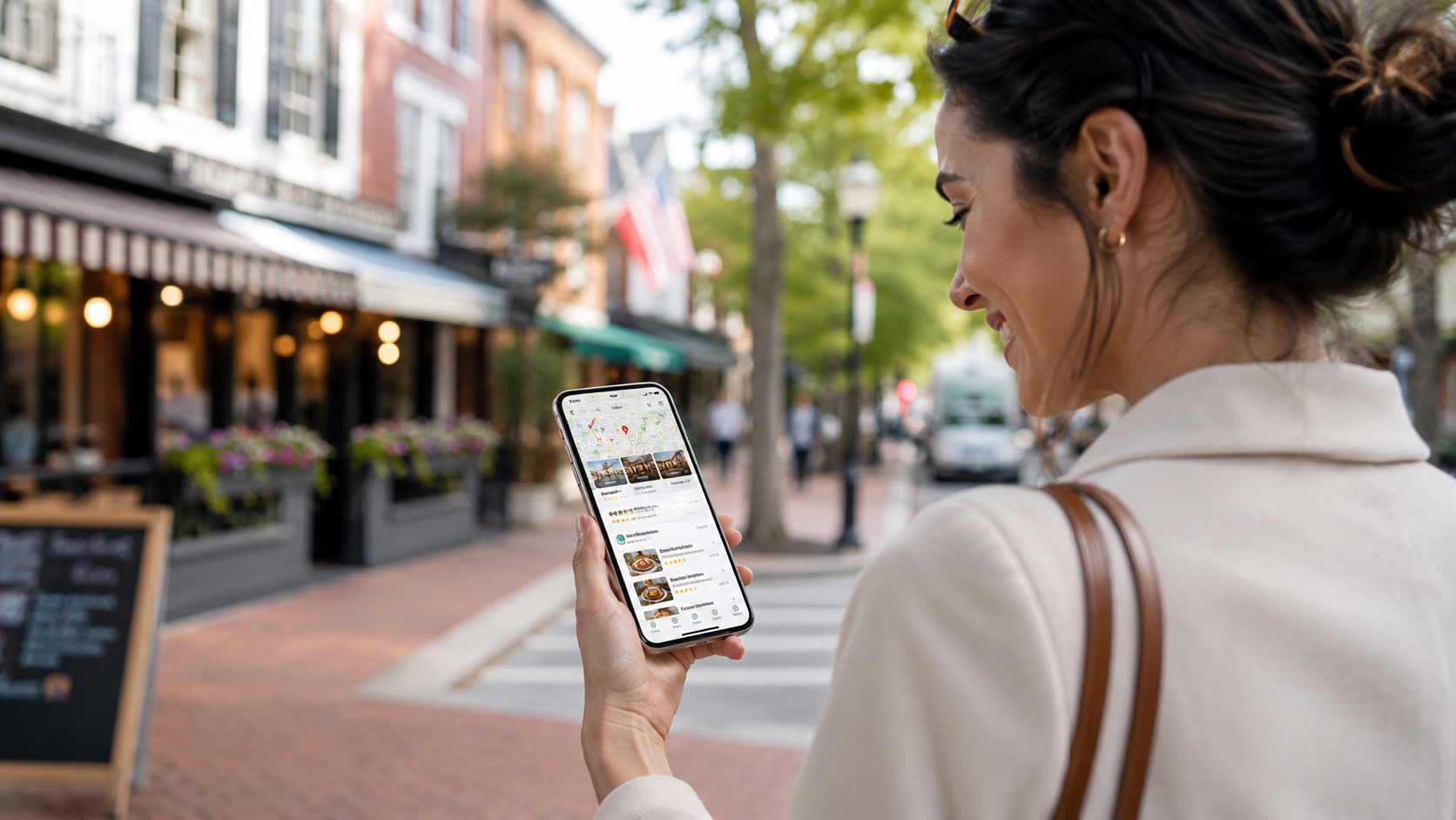 Woman exploring a charming DMV neighborhood while viewing local recommendations on her phone